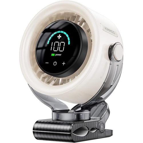 KIMMOO 4000mAh Rechargeable Portable Clip on Fan-100-Speed Touch Control, LED Display, 360° Rotate Quiet Turbo Desk Fan, Small Battery Operated USB Fan for Stroller Bed Travel Camping Golf Gym (White)