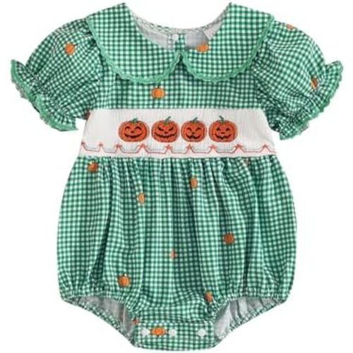 Baby Girl Halloween Outfit Pumpkin Embroidery Bubble Romper Plaid Short Sleeve Smocked Bodysuit Newborn Fall Clothes