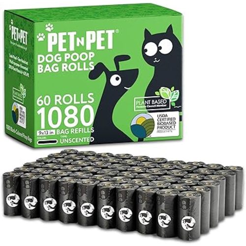 Pet N Pet 1080 Counts Black Poop Bags for Dogs, 41% Plant Based & 59% PE Extra Thick Dog Poop Bags Rolls, 9" x 13", Unscented Pet Waste Bag