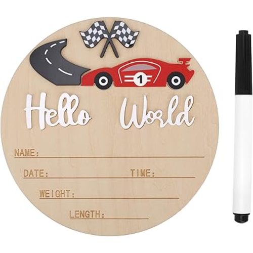 Baby Announcement Sign, 15cm/5.91in Wooden Hello World Newborn Bulletin Board with Pen Race Car & Checkered Flag Decor Welcome Birth Name Plaque for Home Hospital Nursery