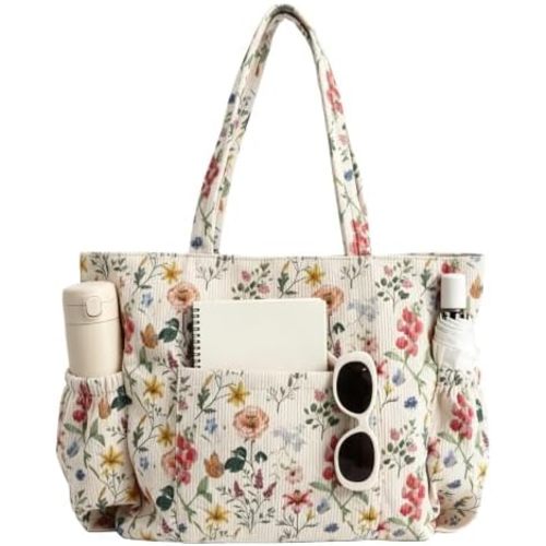 Corduroy Tote Bag for Women, Large Capacity Washable Shoulder Bag with Zipper & Pockets for Work Travel Gym