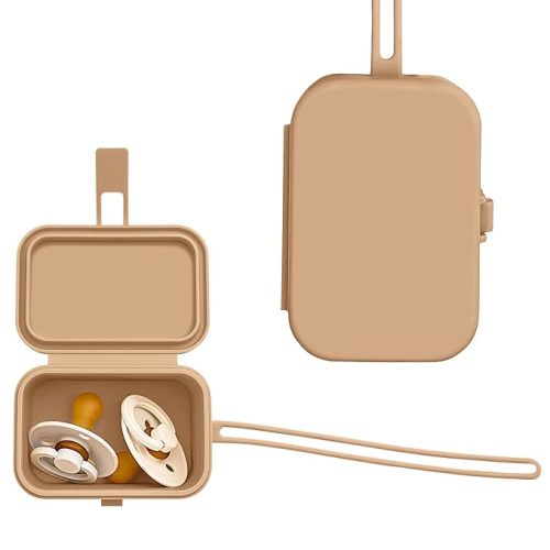 Baby's Aid Silicone Pacifier Case, No Open Slot with Patented Closure, Dishwasher Safe, Attaches to Diaper Bag or Stroller, Holds 2 Pacifiers, (Brown)