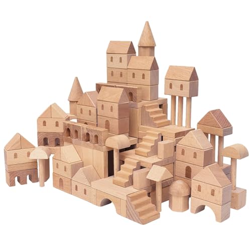 Aieocoi 155-Piece Wooden Building Blocks Set with Storage Bag | Unfinished wood blocks in 15+ shapes. Loose parts play for age 3+. Montessori open-ended toy. Great kids gift.
