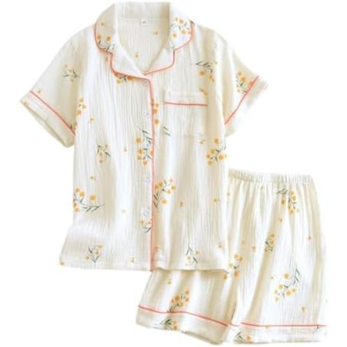 Womens Cute Pajama Set Short Sleeve Button Up Shirt and Shorts 2 Piece Cotton Pj Sets
