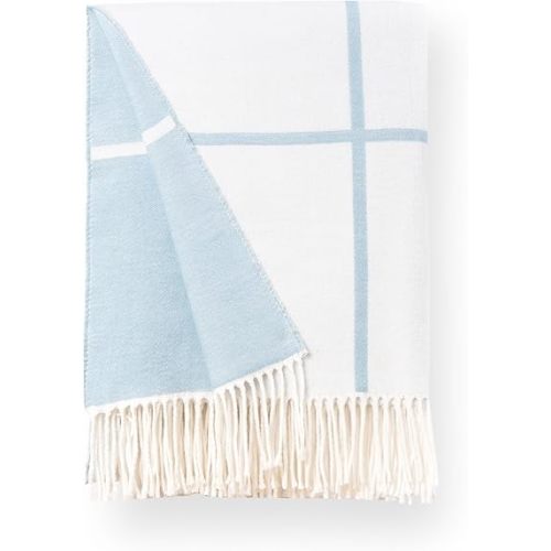 Hofdeco Premium Coastal Decorative Throw Blanket for Patio Couch Sofa, Baby Blue Plaid with Fringe, 52"x71"