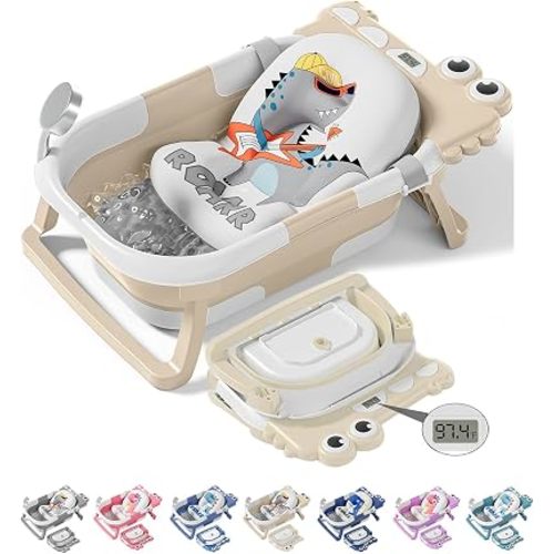 TPN Collapsible Baby Bathtub, Baby Bath Tub with Soft Cushion & Real-Time Thermometer, Baby Bathtub Infant to Toddler Tub (0-36 Months), Portable Newborn Travel Bath Tub