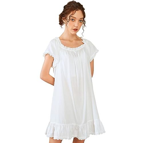 Nanxson Women's Cotton Nightgown Short Sleeve Sleepwear Vintage Nightshirt | Summer Victorian Sleepdress,White Sleepshirt,U Neck Lace Loungewear,Soft Nightshirt,Loose Loungedress,Bride Nightwear