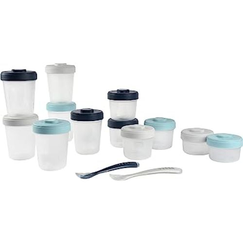 Beaba Clip Containers Set of 12 + 2 Spoons, Baby Food Storage Containers, Food Storage Containers with Lid, Baby Food + Toddler Snack Containers (Rain)