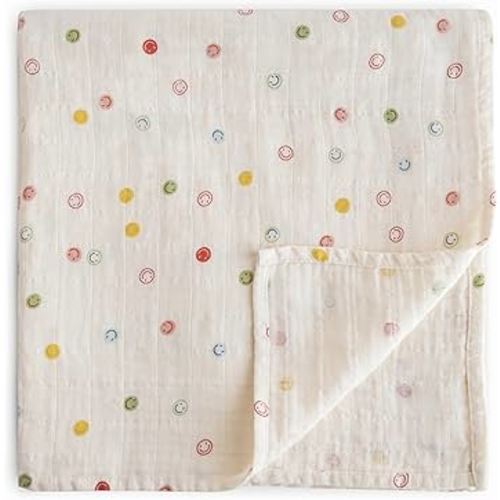 mushie Muslin Baby Swaddle Blanket | 100% Organic Cotton (Smiley Face)