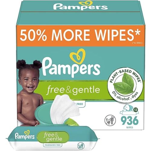 Pampers Baby Wipes, Free & Gentle, Hypoallergenic and Unscented Wipe, 100% Plant Based, Plastic-Free for Babies, 936 Total (12 Flip-Top Packs)