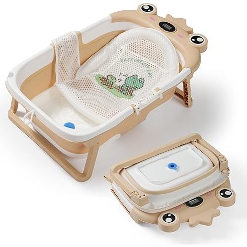 Baby Bathtub,Collapsible Baby Bath Tub with Soft Cushion & Thermometer, Space Saving Foldable & Travel Newborn Bathtub for Infant to Toddler 0-36 Months, Frog Beige