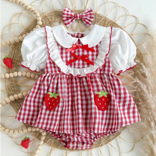 SHEIN Newborn Baby Girl's Cute Red & White Plaid Strawberry Print Peter Pan Collar Bodysuit With Headband, Summer