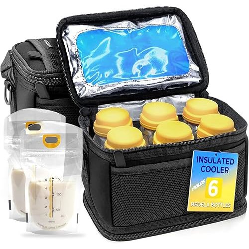 FreezeN'Go Breast Milk Cooler Travel Bag (6 Built-in Ice Packs) Designed for 5oz Medela Express Baby Bottles and Breastmilk Storage Bags - Freezable Insulated Tote with Handle and Padded Strap
