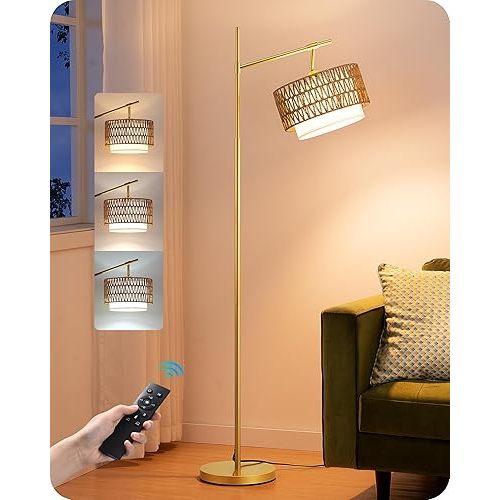 EDISHINE Rattan Arc Floor Lamp with Remote, Gold Farmhouse Standing Lamps for Living Room, Rattan & Fabric Dual Shades, Dimmable LED Bulb, Foot Switch, Adjustable Head Boho Lamp for Bedroom, Nursery