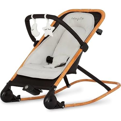 Dream On Me Rock On Me 2-in-1 Baby Rocker and Stationary Seat, Black/Grey | Adjustable Recline, 3-Point Harness, Detachable Toys, Music & Soothing Motion, Quick Compact Fold, 20 Lb Limit, Beechwood