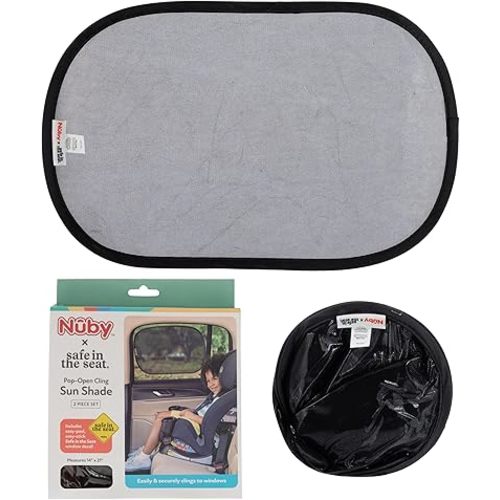 Nuby x Safe in The Seat Pop-Open Car Sun Shades - 2 Piece Set - Static Cling Window Shades for Baby in Car - UV Protection, Easy Install, and Universal Fit