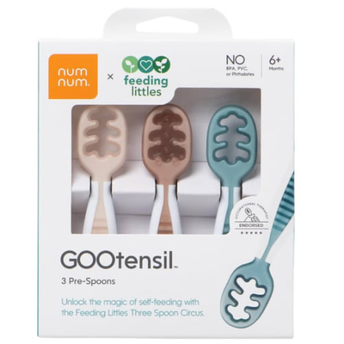 NumNum Baby Spoons Set, Feeding Littles x Silicone Pre-Spoon GOOtensils for Baby Led Weaning, Self-Feeding & Teething, First Stage Toddler Utensils for Ages 6+ Months, 3-Pack, BPA-Free (Neutrals)