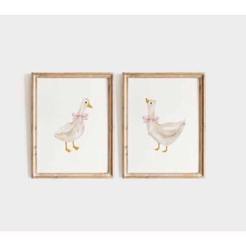 Goose Nursery Print Set, Vintage Goose Nursery Art, Baby Girl Nursery, Simple Duck Nursery Decor Neutral, Coquette Goose Pink Bow Wall Art