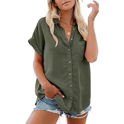 Womens Button Down Casual Shirts Cotton Short Sleeve Blouses Solid Summer Tops with Pocket