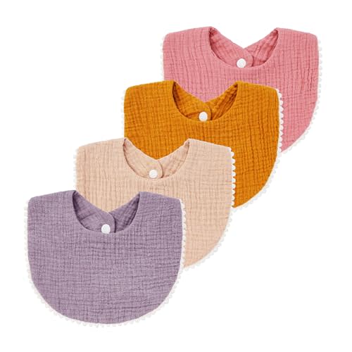 Nishine 4 Pack Muslin Baby Drool Bibs,Toddler Boys Girls Cotton Drooling Bibs,Feeding Teething Bibs with Snap