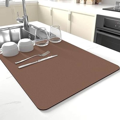 Dish Drying Mat for Kitchen Counter,Drying Mat for Dish Rack,Absorbent Hide Stain Rubber Mat,Coffee Mat, Kitchen Counter Mat(Brown, 12"x19")