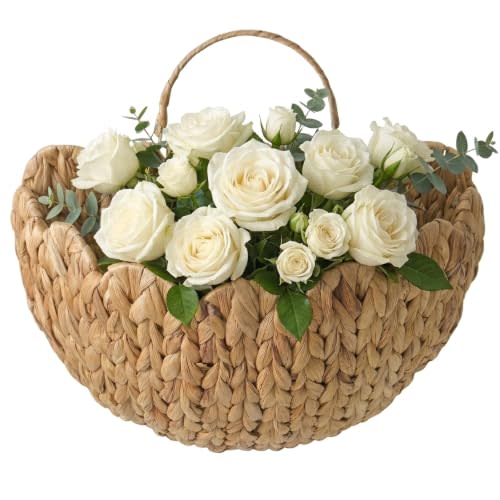 Scalloped Wicker Wall Basket, Water Hyacinth Hanging Basket with Handle | Natural Handwoven, Boho Decor, Hanging Organizer for Living Room, Entryway Mail, Nursery, Bathroom, Flowers & Front Door