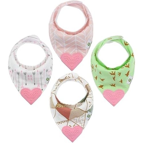 Pickle & Olive Baby Girl Bandana Teething Bibs - Attached Heart Teether - Set of 4 - Pink