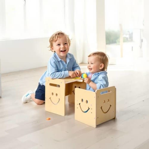 Montessori Weaning Table and Chair Set, 3 in 1 Wooden Toddler Table and Chairs, Adjustable Height Montessori Table