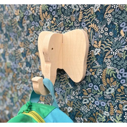 Kids room wall hook - Elephant wall hook in birch: playful wooden hanger for bags & backpacks - cute nursery wall hook, safari baby shower