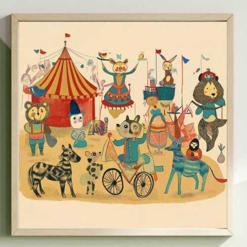 Framed Cute Vintage Circus Animals Art, Gender Neutral Watercolor Painting, Framed Nursery Wall Print for Home Decor, Baby Kids Play Room