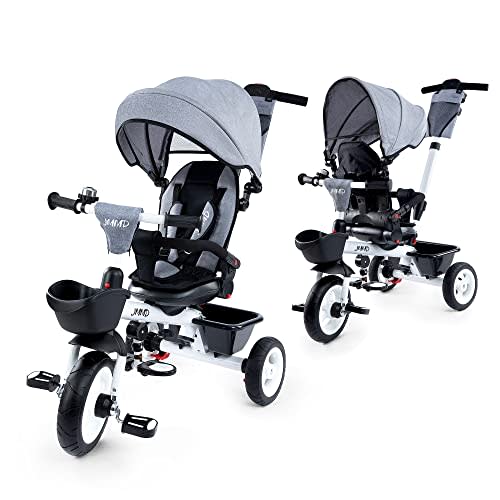 JMMD 7 in 1 Tricycle Stroller with Push Handle, Baby Trike with 360° Swivel Seat, Reclining Backrest, All-Terrain Wheels, Dual Brakes, Canopy & Storage, Gift for Kids 18 Months to 5 Years, Gray