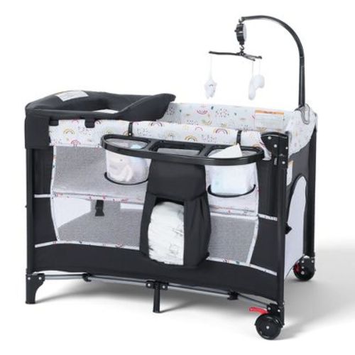 TODECARE 4 in 1 Pack and Play, Multifunction Baby Bassinet Bedside Crib, Portable Baby Nursery Playard w/Changing Table, Storage Basket, Rainbow