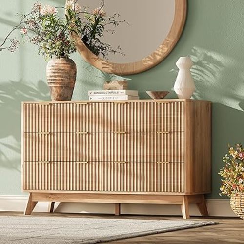 47'' Wide 6 Drawers Dresser for Bedroom,Modern Fluted Vertical Chest with Rounded Corners,Fluted Dresser for Living Room,Hallway, Natural Wood