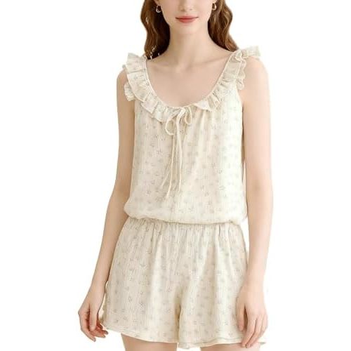 Women Pajama Set 2 Piece Cotton Gauze Cute Sleeveless Ruffle Tank Top and Shorts Pj Set Sleepwear Lounge Set