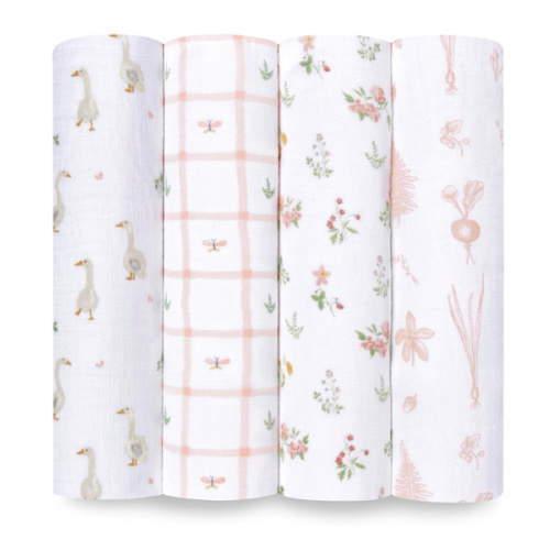 aden + anais Essentials Baby Muslin Swaddle Blankets, Newborn Receiving Blanket for Swaddling, 100% Cotton Baby Swaddle Wrap, 4 Pack, Country Floral
