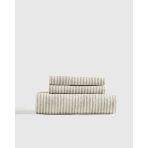 European Linen Fitted Sheet Set in Willowleaf/White Stripe