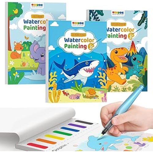 TECJOE 3 Pack Paint with Water Coloring Books for Toddlers, Mess Free Watercolor Painting Set with 6 Brushes, Travel Art Craft Activities Toys Birthday Gifts for Kids Ages 3-8, Dinosaurs, Forest & Sea