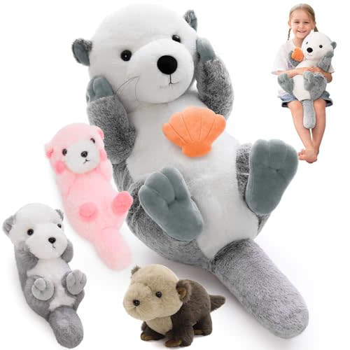MorisMos 5Pcs Sea Otter Stuffed Animal with Babies,23.6'' Giant Mommy Stuffed Otter Toy with 3 Babies & Plush Seashell, Boy Girl Sea Animal Toys for Kids 3-5 Birthday Christmas Decor