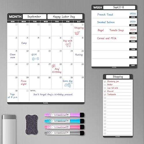 Magnetic Dry Erase Calendar for Refrigerator, Vertical Calendar Whiteboard for Fridge, Includes Magnetic Monthly Calendar & Weekly Dry Erase Board, List Board, 4 Markers + Eraser
