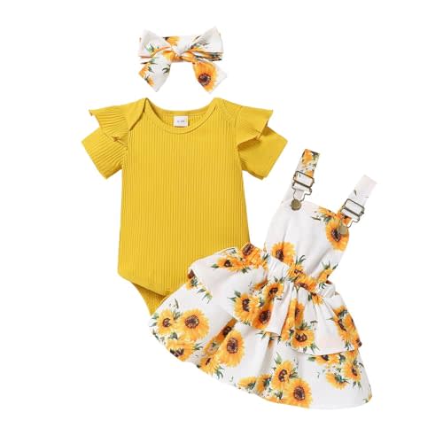 Tepuce Baby Girl Clothes Cute Summer Outfits Short Sleeve Romper Adjustable Floral Overall Dress Headband 3PCS