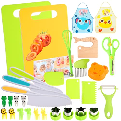 Kids Montessori Cooking Kitchen Toys and Toddler Knife Set - 30 Pcs Knifes for Real Cooking and Baking Accessories ,Toddlers Kitchen Tools Ages 3-10 Kids Birthday (30 PCS)