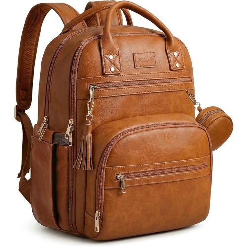 Premium Vegan Leather Diaper Bag Backpack with Waterproof Changing Pad, Reinforced Zippers & Odor-Free, 20 Pockets Pro Organizer, Fits 15.6" Laptop, Stroller Straps, Baby Bag for Mom, Brown