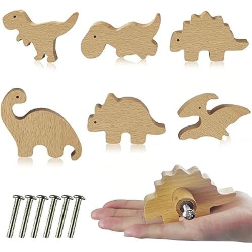 6 Pcs Wooden Animal Cabinet Knobs with Screws Decorative Wardrobe Knobs Natural Wood Cute Animal Furniture Suitable for Nursery Drawer Handles Decor Cabinets Furniture (Dinosaur)