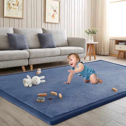 ILPEOD Baby Play Mat for Floor Tummy Time Mat Nursery Muscle Area Rug Playroom Rug Tatami 65"*50" Memory Foam 1.3" Thick Crawling For Babies,Toddlers, Infants, Kids,Floor(Blue)