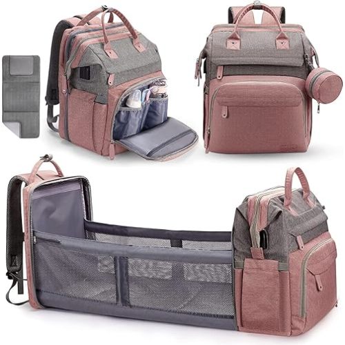 DERJUNSTAR Diaper Bag Backpack – Large Capacity Baby Diaper Bag with Changing Pad for Dad and Mom, Waterproof Travel Backpack, Multi-Function Bag with USB Charging Port, Rose Pink