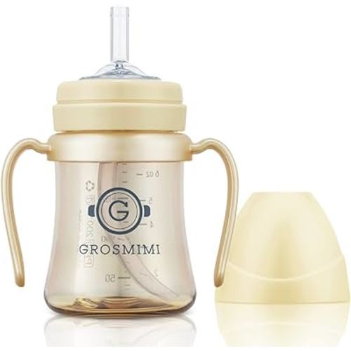 GROSMIMI Spill Proof no Spill Magic Sippy Cup with Straw with Handle for Baby and Toddlers, Customizable, PPSU, BPA Free 6 oz (Butter)