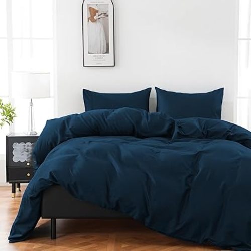 100% Organic Cotton Duvet Cover Queen Size 400 Thread Count Sateen Comforter Cover Soft and Breathable Cooling Bedding Set 3 Piece(Navy,Queen)