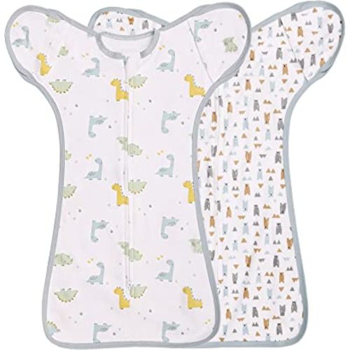 2 Pack Transition Swaddle with 2 Way Zipper, 2 in 1 Arms in/Out Transitional Arms Up Swaddle, 100% Cotton Newborn Swaddles Zipper Swaddles Baby Swaddling Sack Sleep Sack 0-3 Months, Dinosaur & Bear