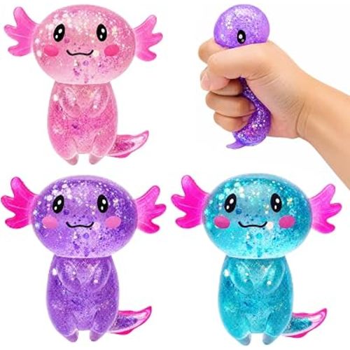 3 Pack Axolotl Squishy Toys, Cute Glitter Stress Relief Squeeze Toys for Kids & Adults, Soft Sensory Fidget Toys for Stress Relief, Party Favors (Multi-Color)