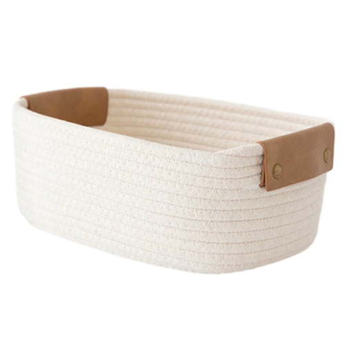 Small Cotton Woven Basket with PU Leather Handle, Baby Kids Clothes Toys Candy Gifts Cotton Rope Organizer, Living Room Basket Bathroom Shower Storage Basket, White,11"x8.6"x4.3"